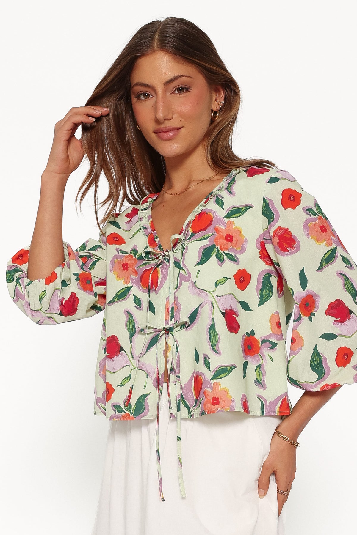 TOPS Fainche Front Tie Top - Green Painted Floral
