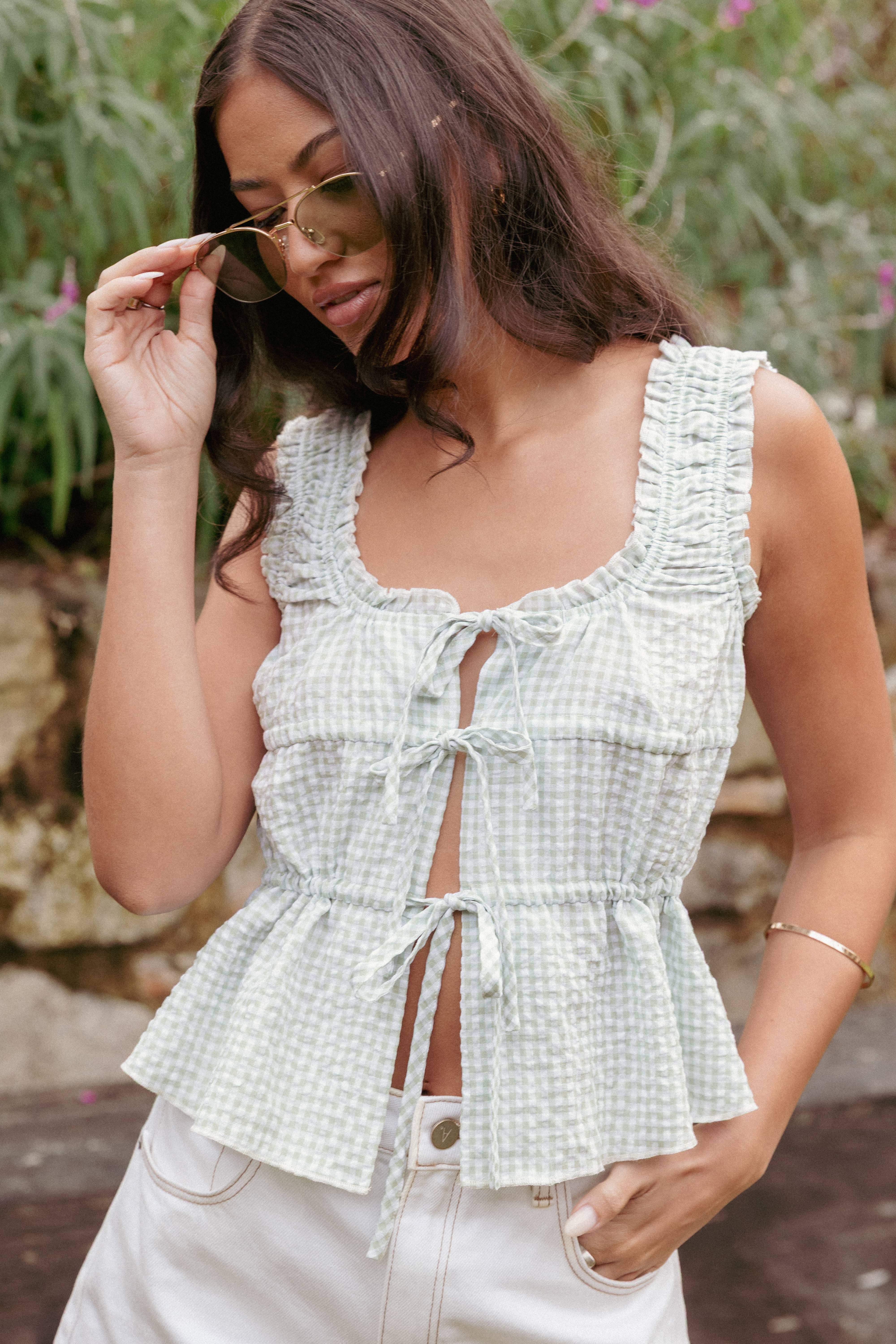 TOPS Harper Top - Sage Gingham