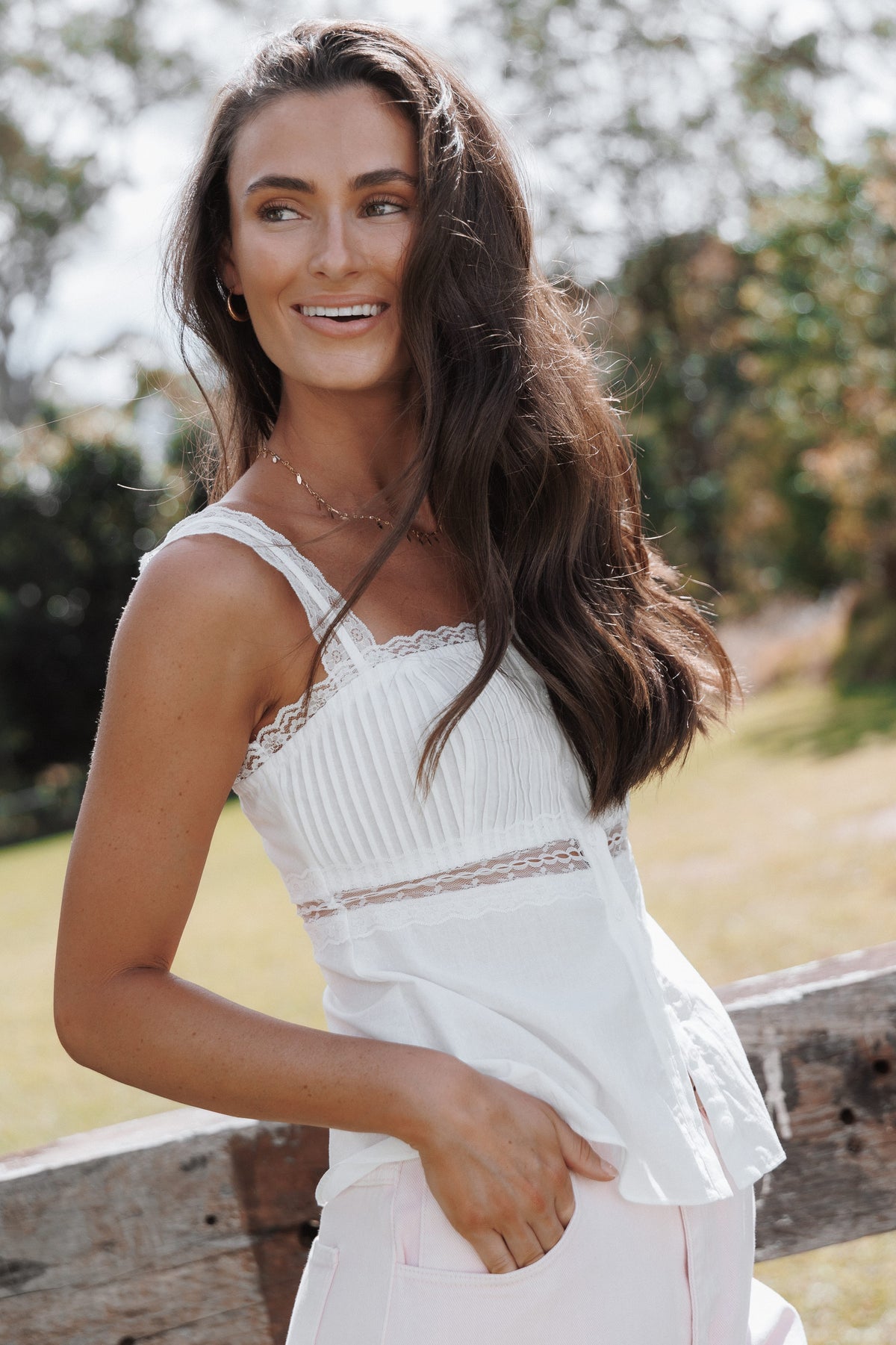 TOPS Kivara Lace Inset Top - White