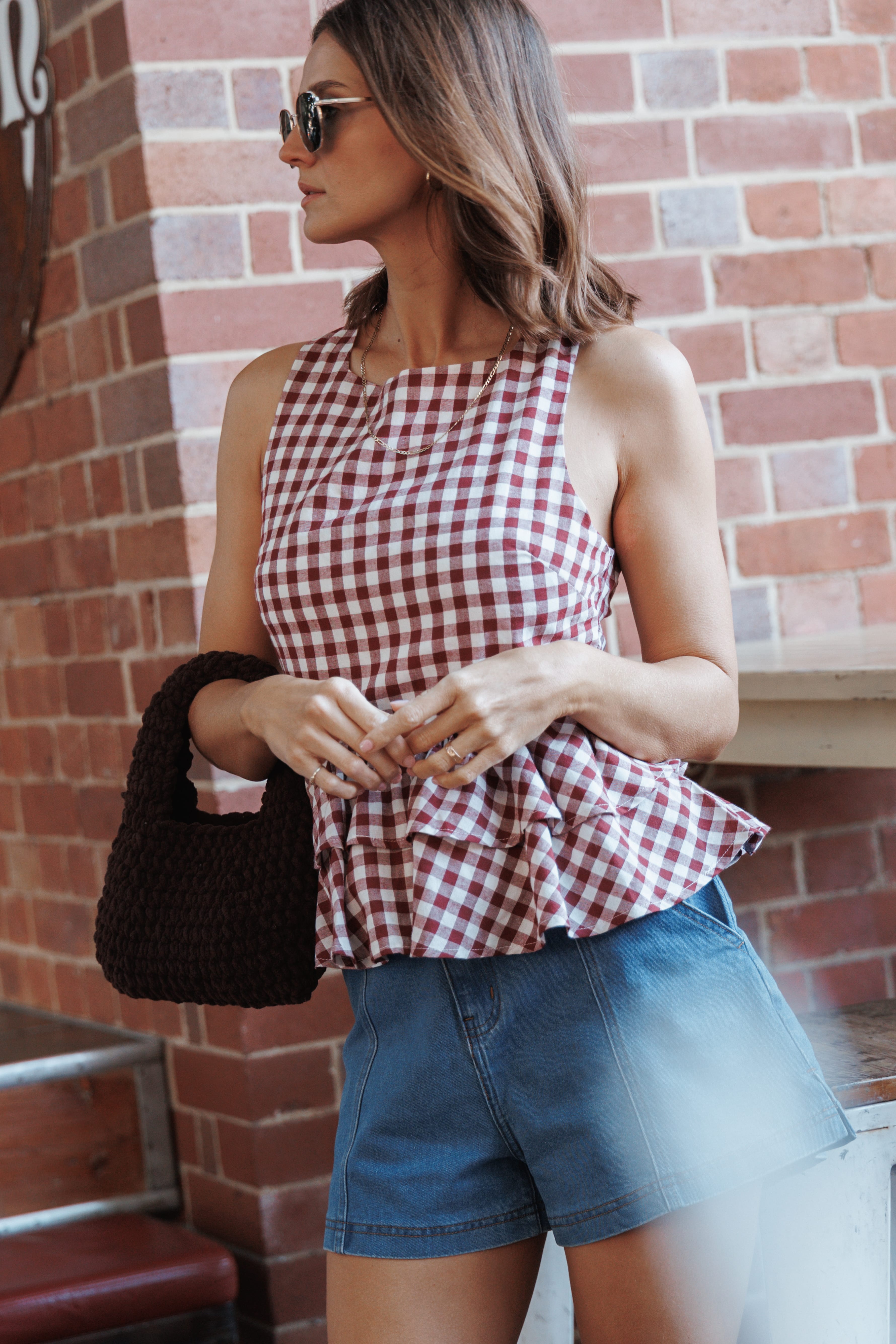 TOPS Landon Tiered Peplum Top - Burgundy Gingham