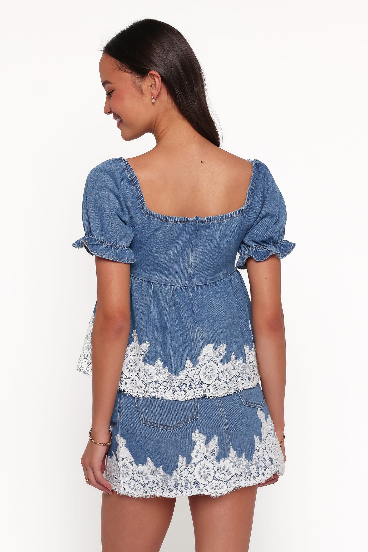 TOPS Lissy Denim Peplum Top - Mid Wash Blue