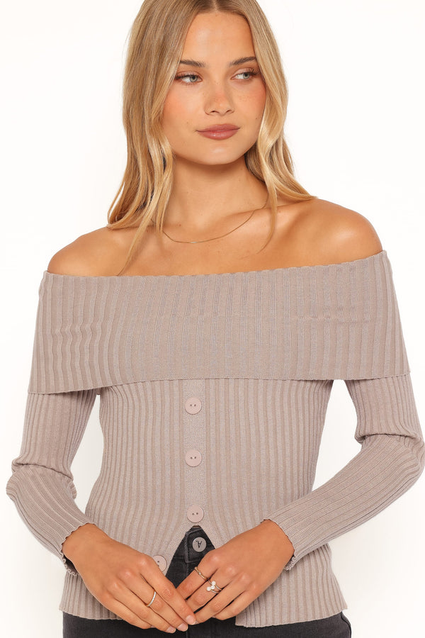 TOPS Lulla Ribbed Off Shoulder Top - Taupe