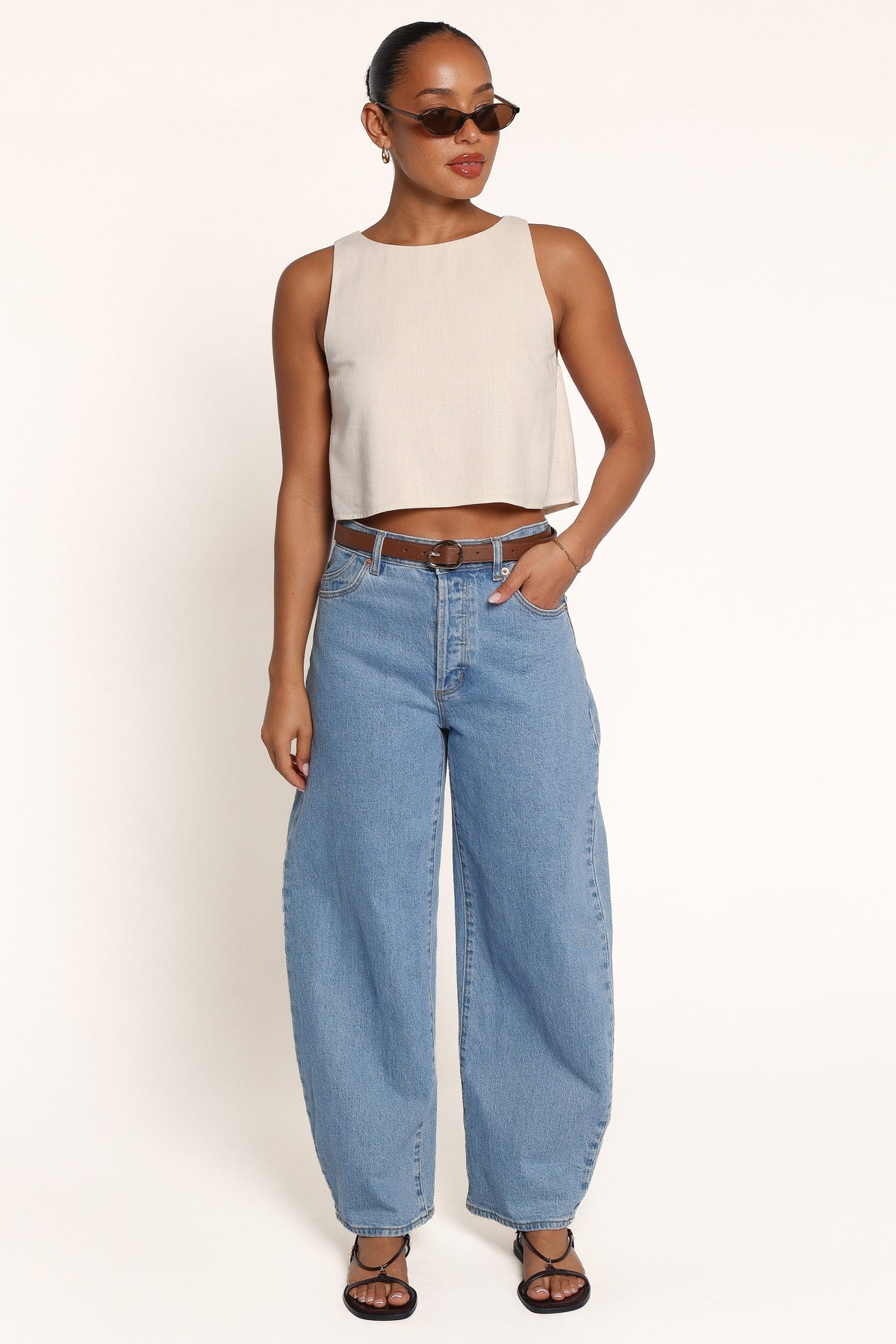TOPS Madison Linen Cropped Tank - Beige