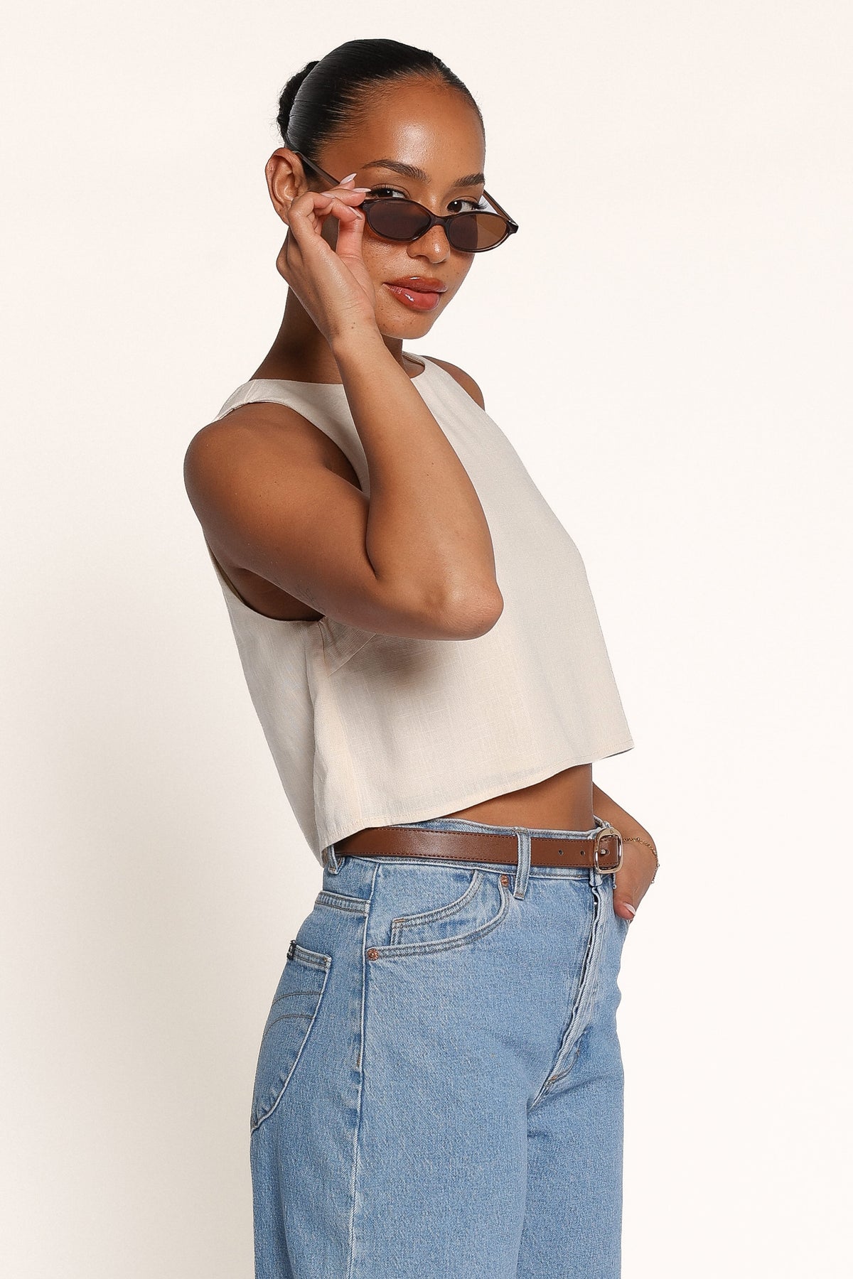 TOPS Madison Linen Cropped Tank - Beige