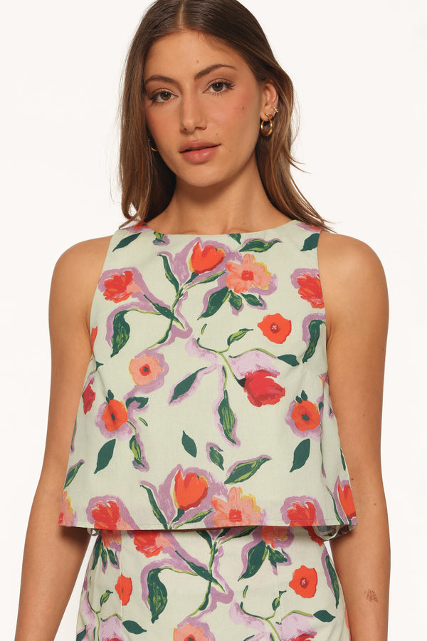 TOPS Madison Linen Cropped Tank - Green Painted Floral