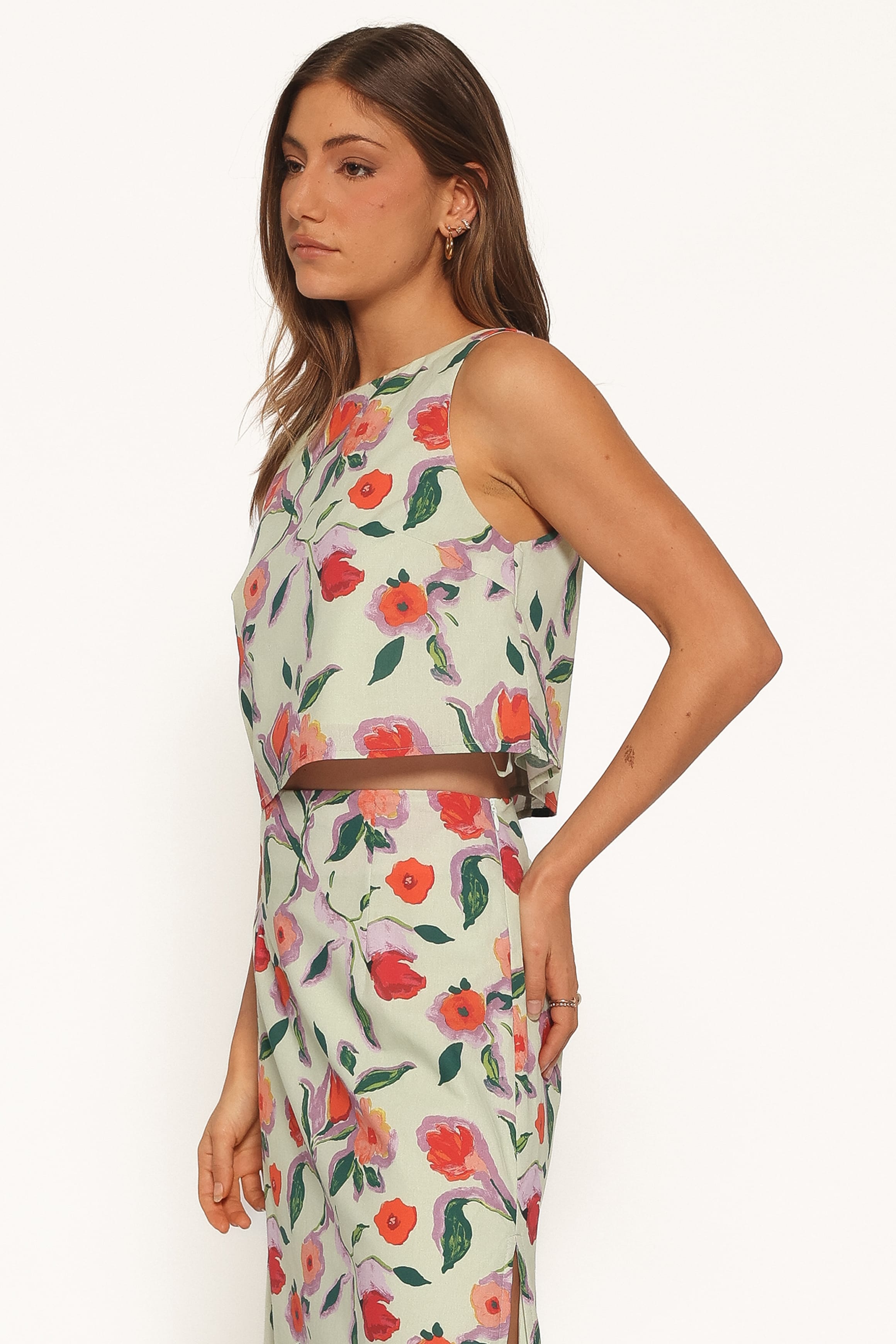 TOPS Madison Linen Cropped Tank - Green Painted Floral