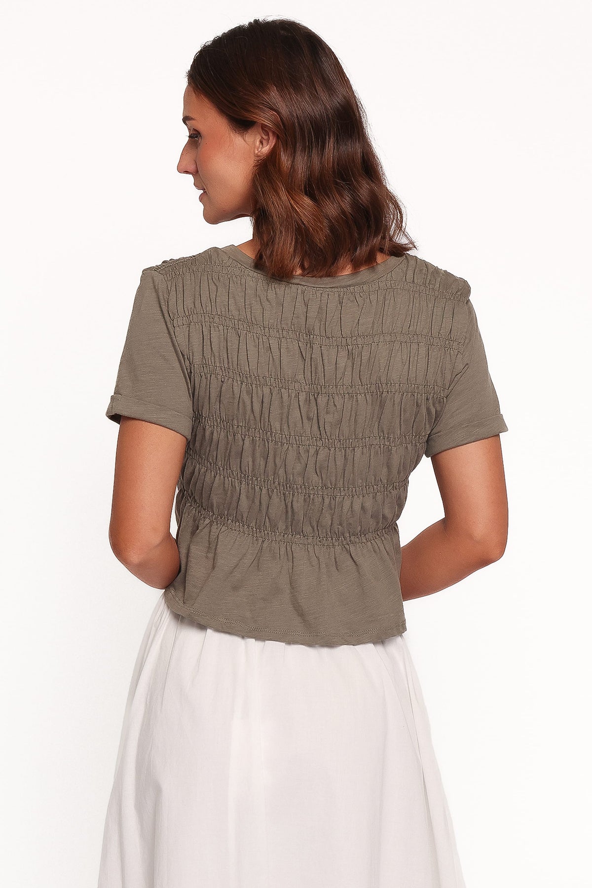 TOPS Maralyn Ruched Baby Tee - Khaki