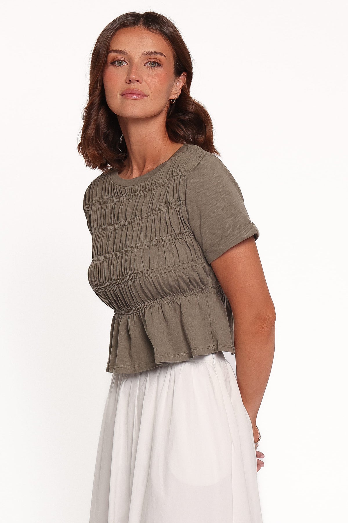 TOPS Maralyn Ruched Baby Tee - Khaki