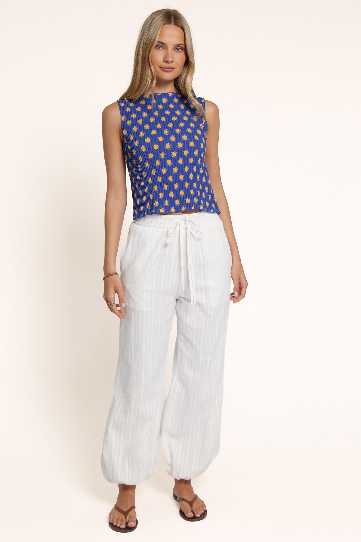 TOPS Marlyn Plisse Top - Blue Yellow Sun