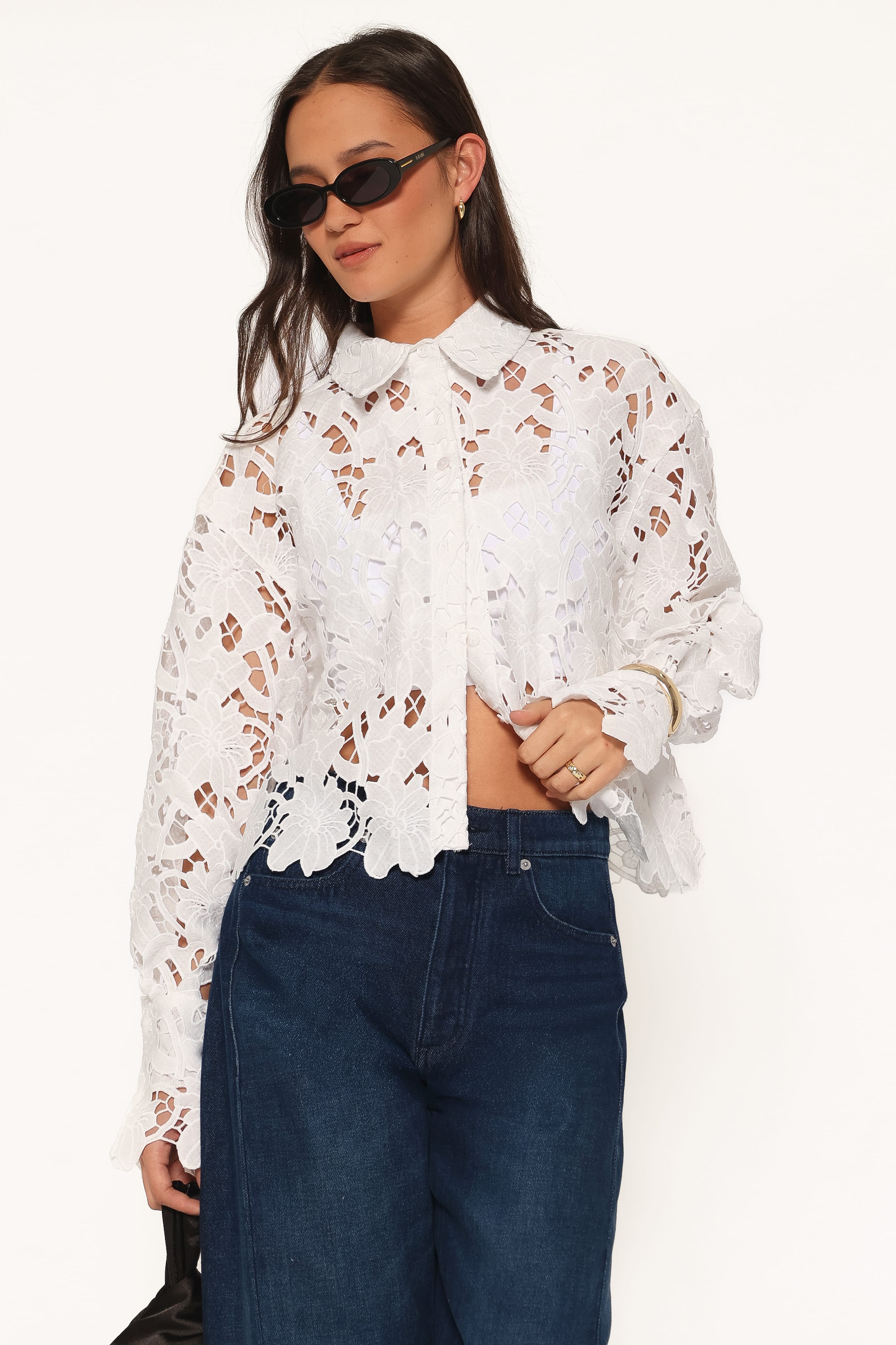 TOPS Orion Eyelet Crop Button Down - White