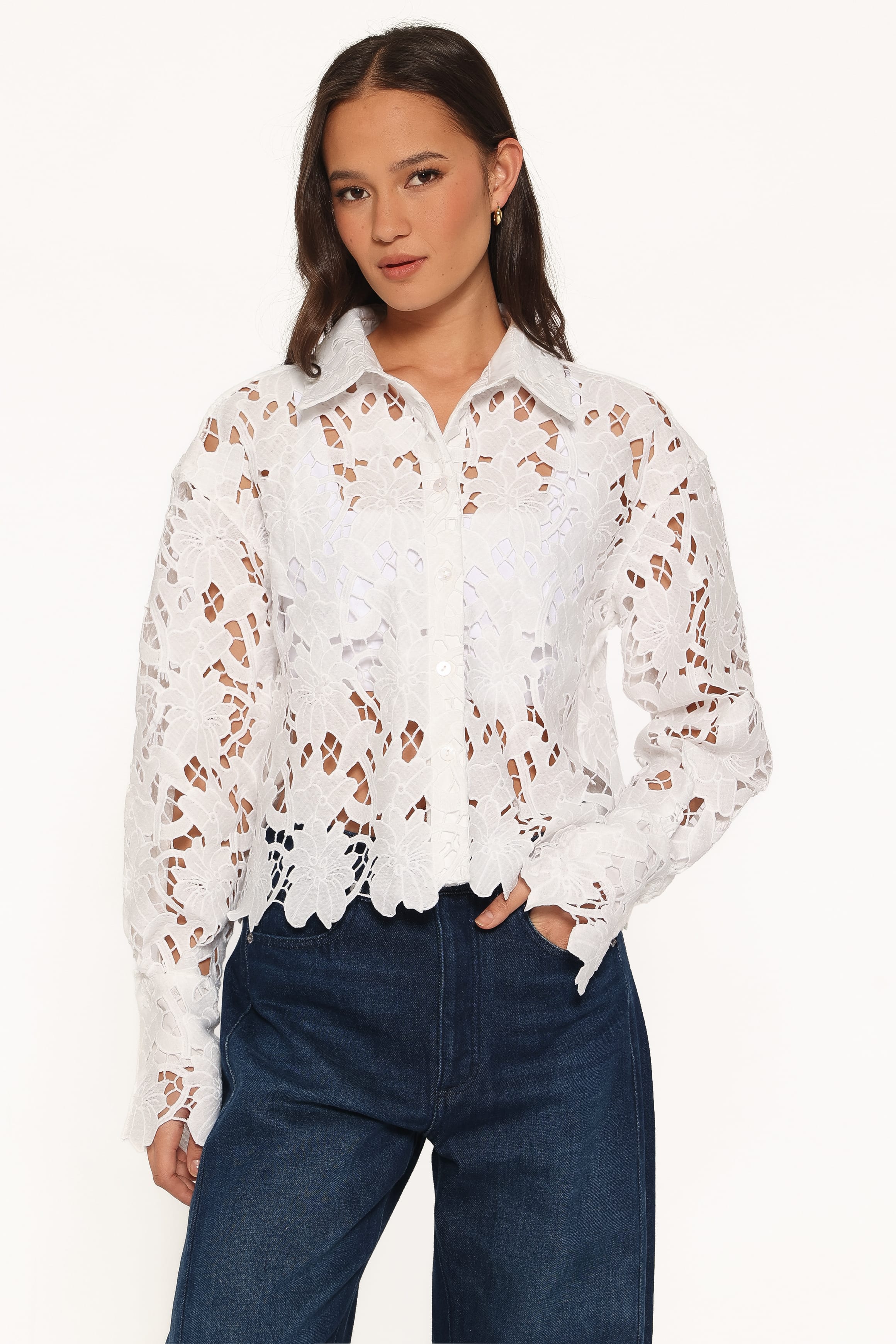 TOPS Orion Eyelet Crop Button Down - White