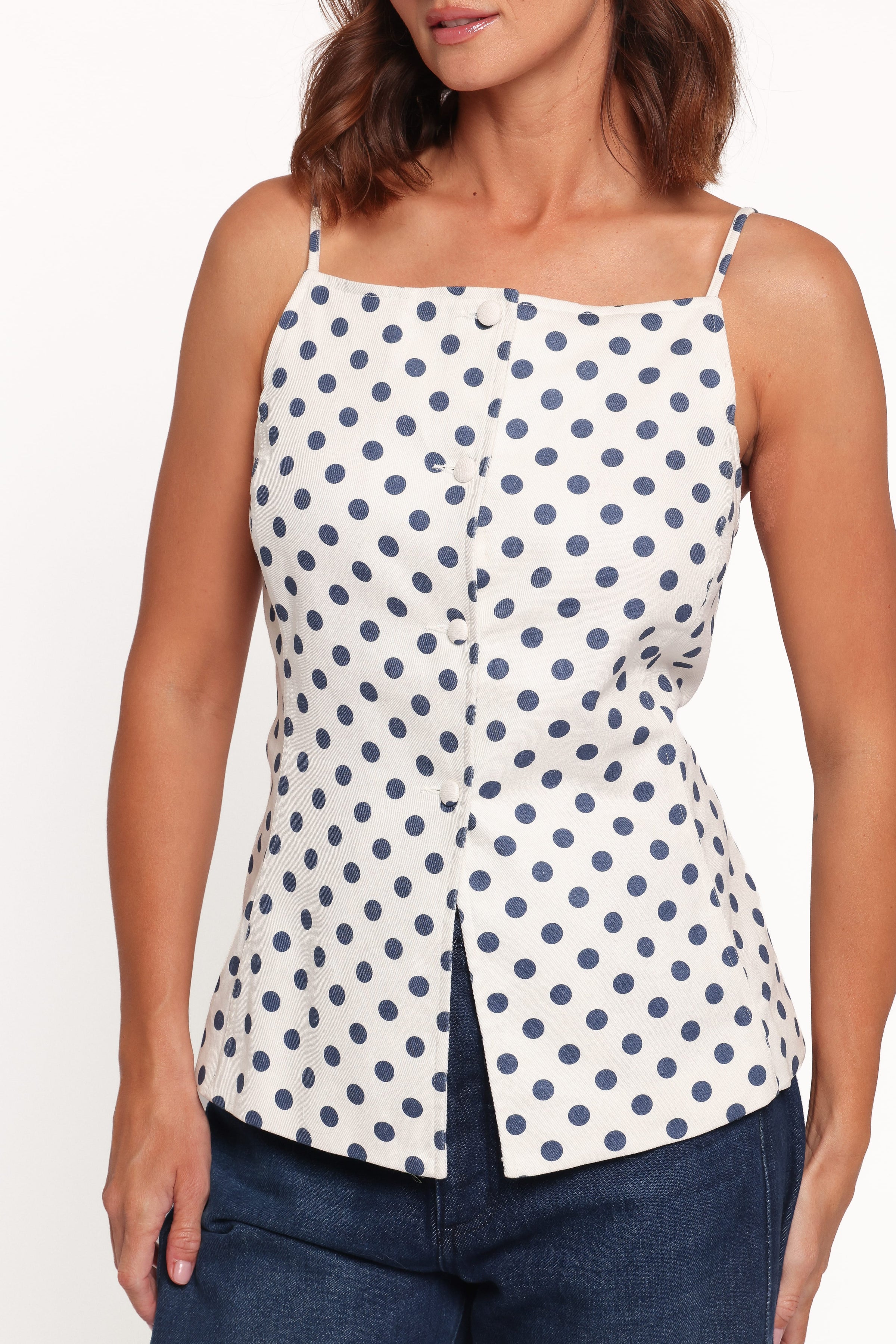 TOPS Robbie Vest Top - Cream/Blue Dot