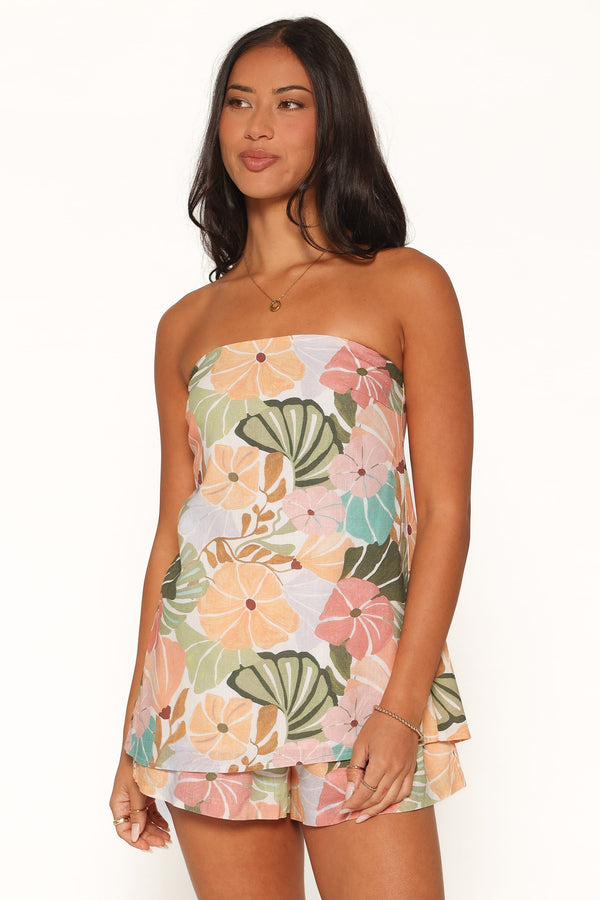 TOPS Rosemarie Strapless Top - Retro Orange Green Floral