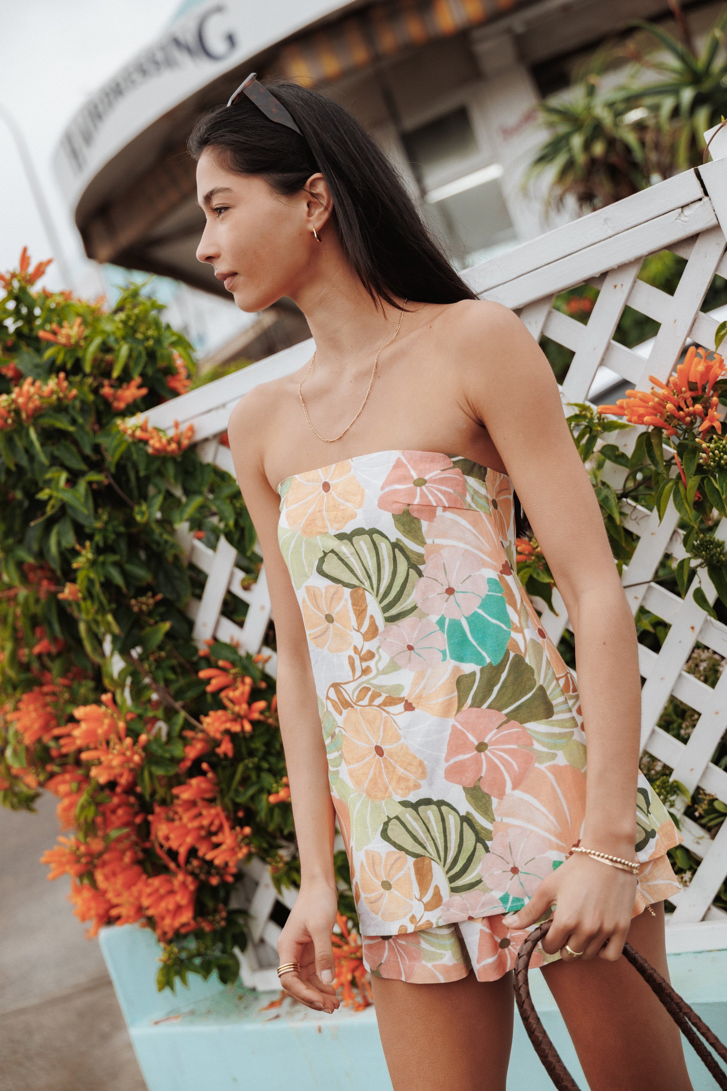 TOPS Rosemarie Strapless Top - Retro Orange Green Floral