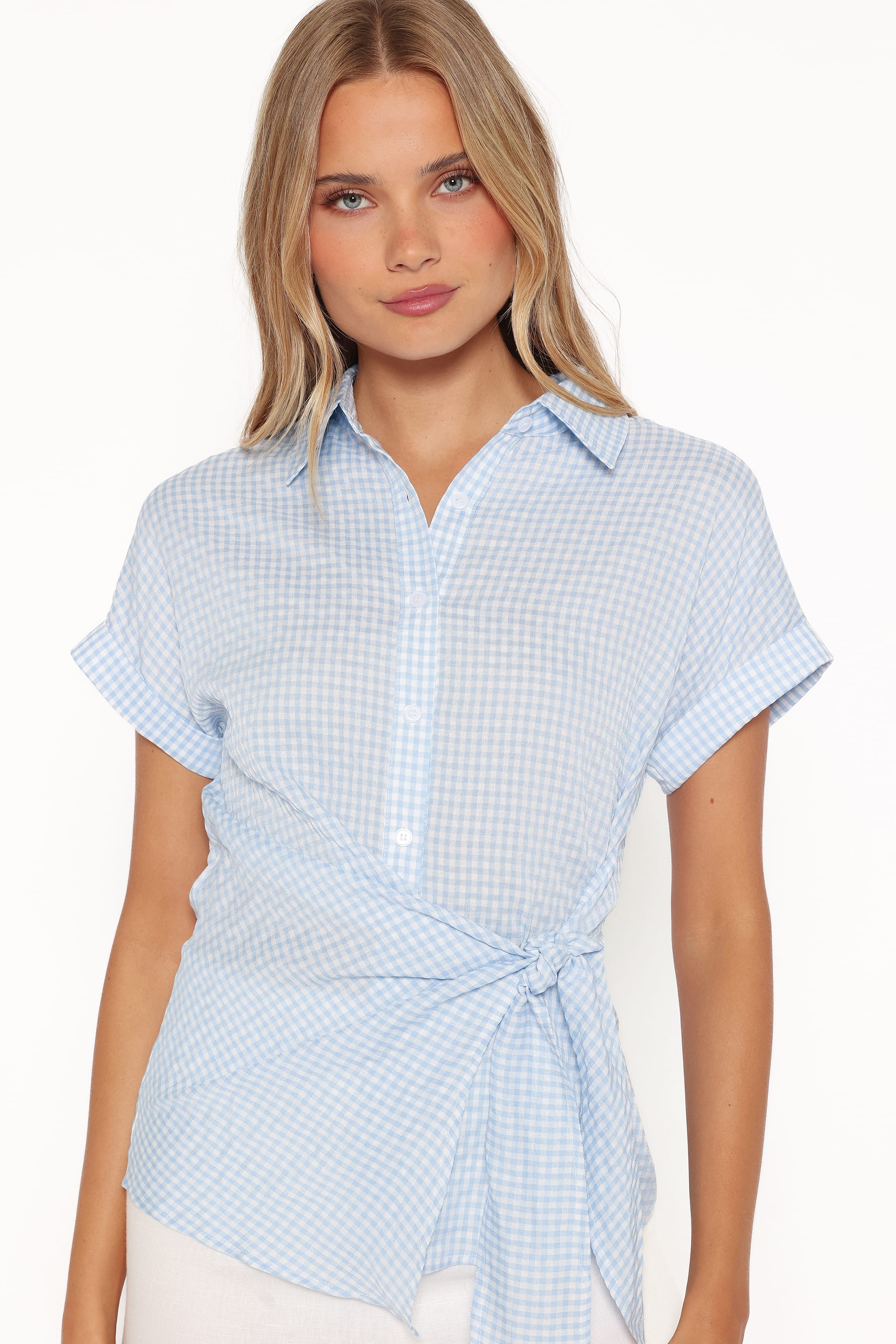 TOPS Shiloh Side Tie Shirt - Blue Gingham