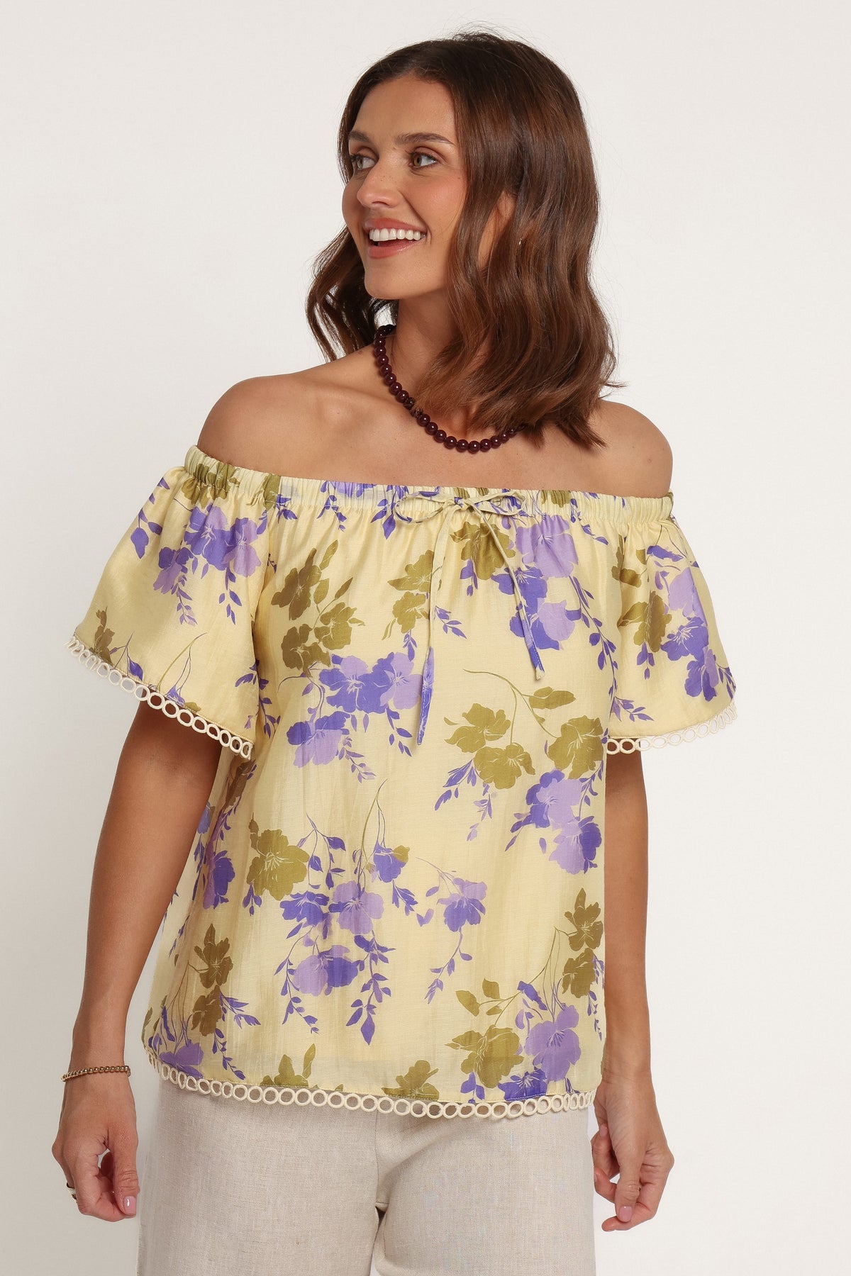 TOPS Siara Off Shoulder Top - Green Purple Floral