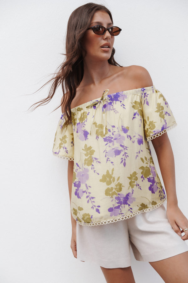 TOPS Siara Off Shoulder Top - Green Purple Floral