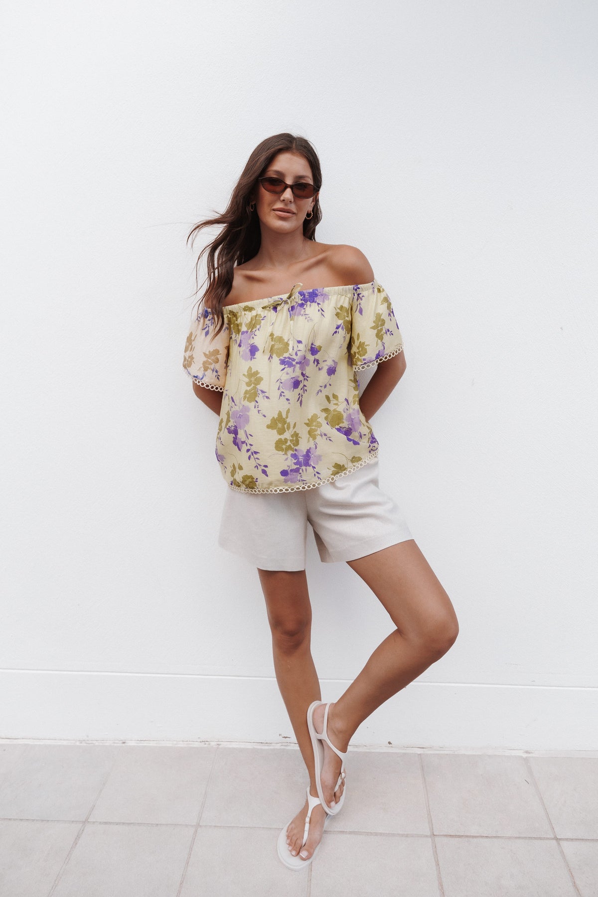 TOPS Siara Off Shoulder Top - Green Purple Floral
