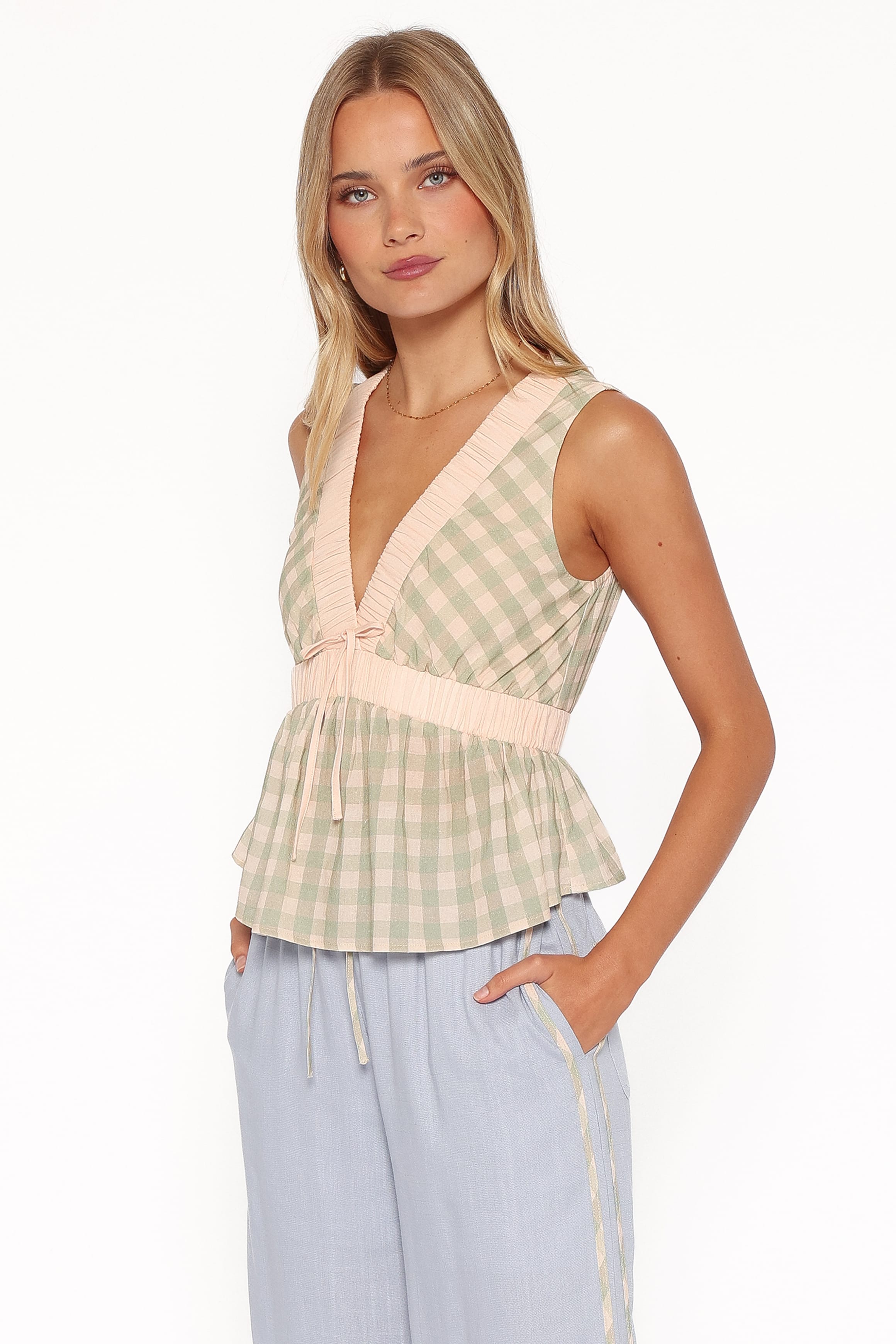TOPS Solace Peplum Top - Green/Pink Gingham