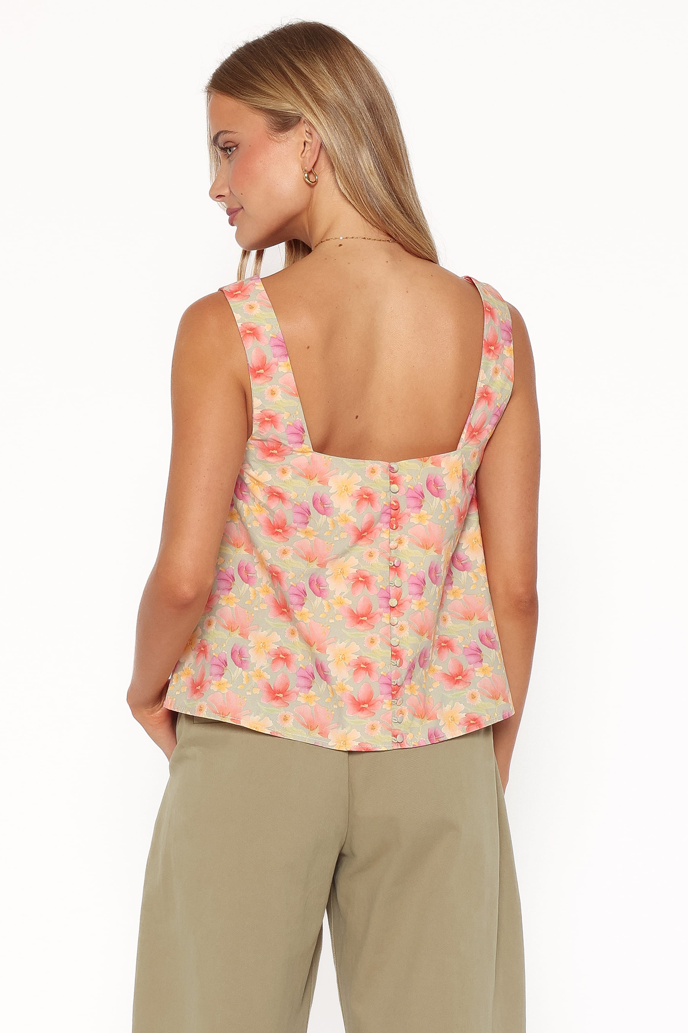 TOPS Talyn Button Back Top - Sage Wildflower