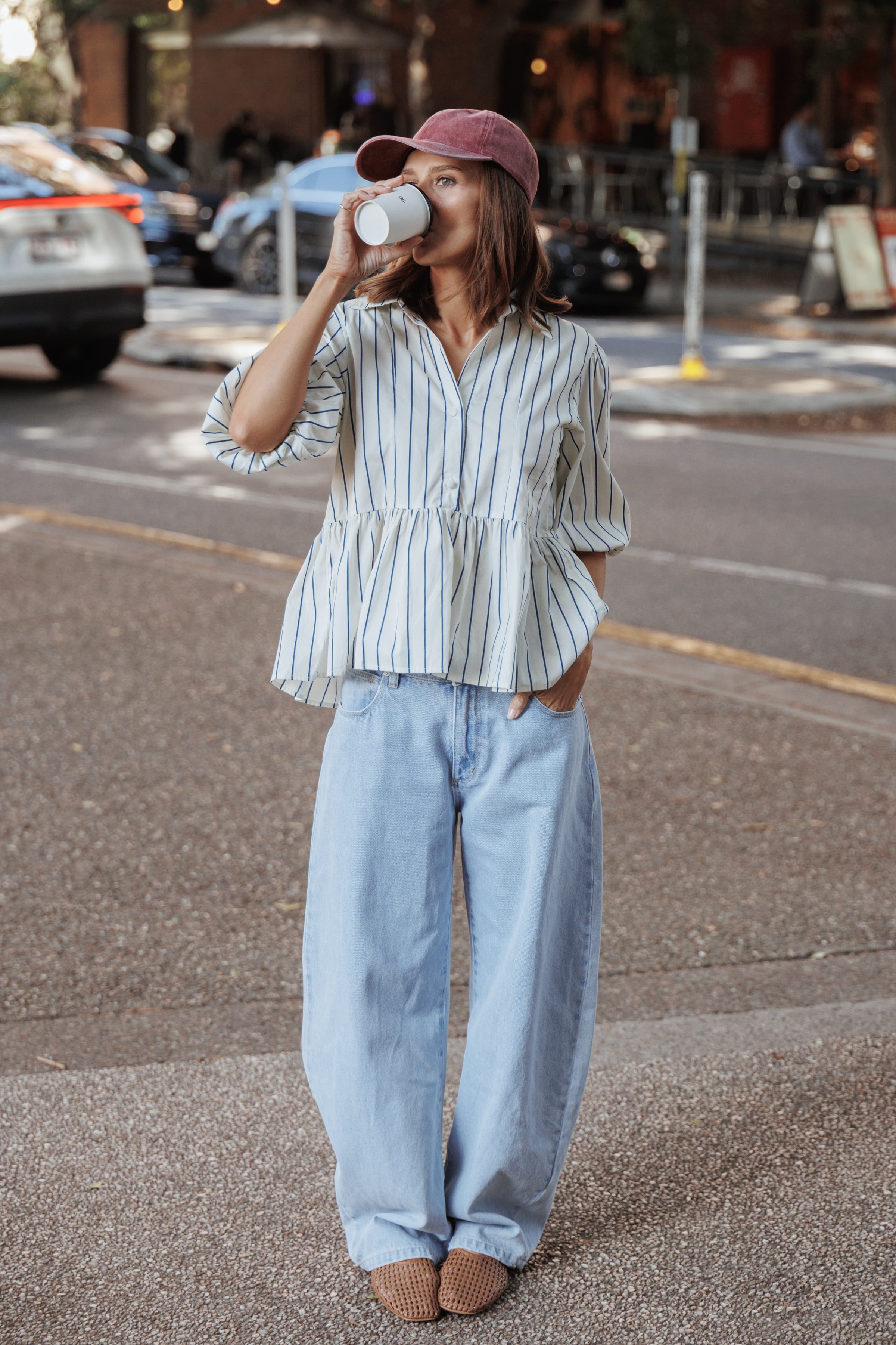 TOPS Thomas Short Sleeve Peplum Top - Yellow/Blue Stripe
