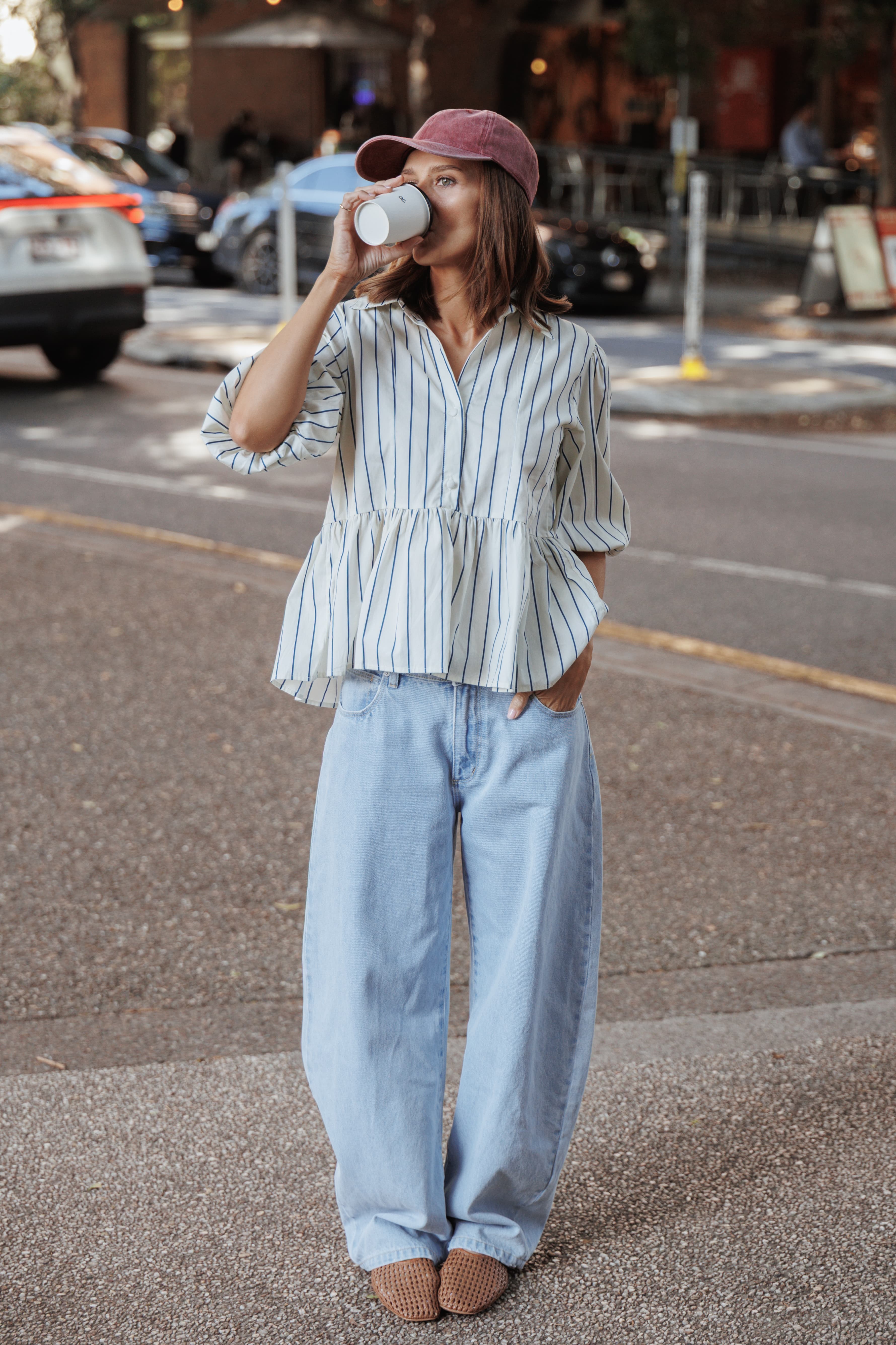 TOPS Thomas Short Sleeve Peplum Top - Yellow/Blue Stripe