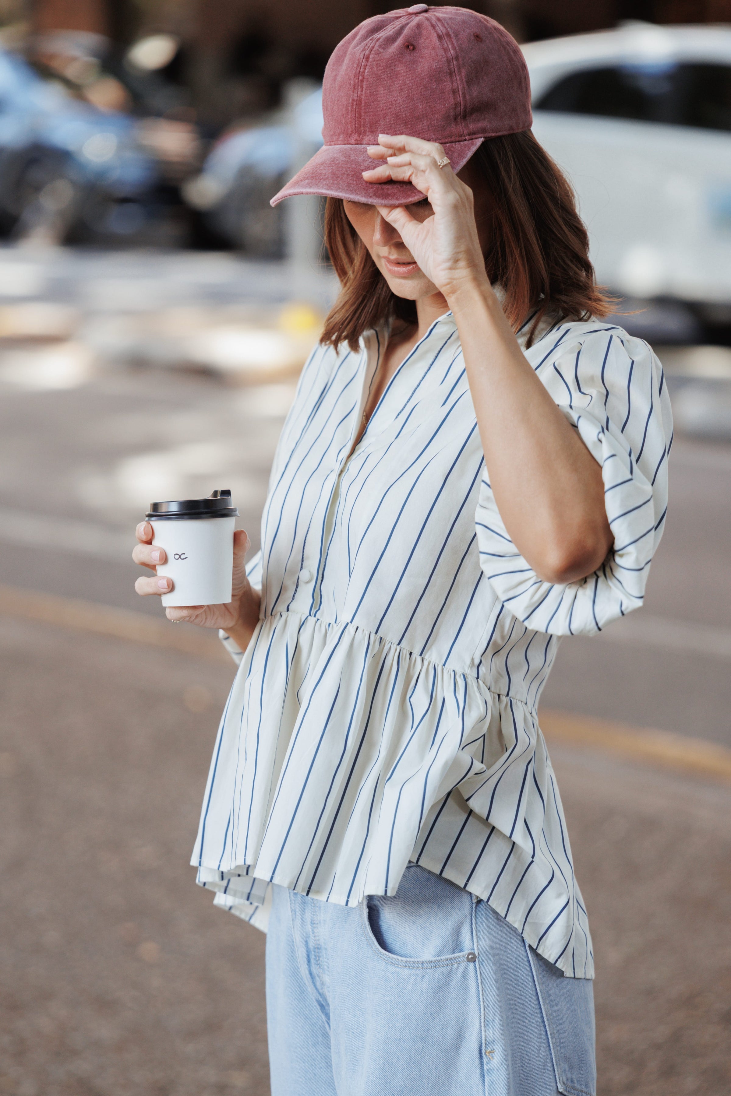 TOPS Thomas Short Sleeve Peplum Top - Yellow/Blue Stripe