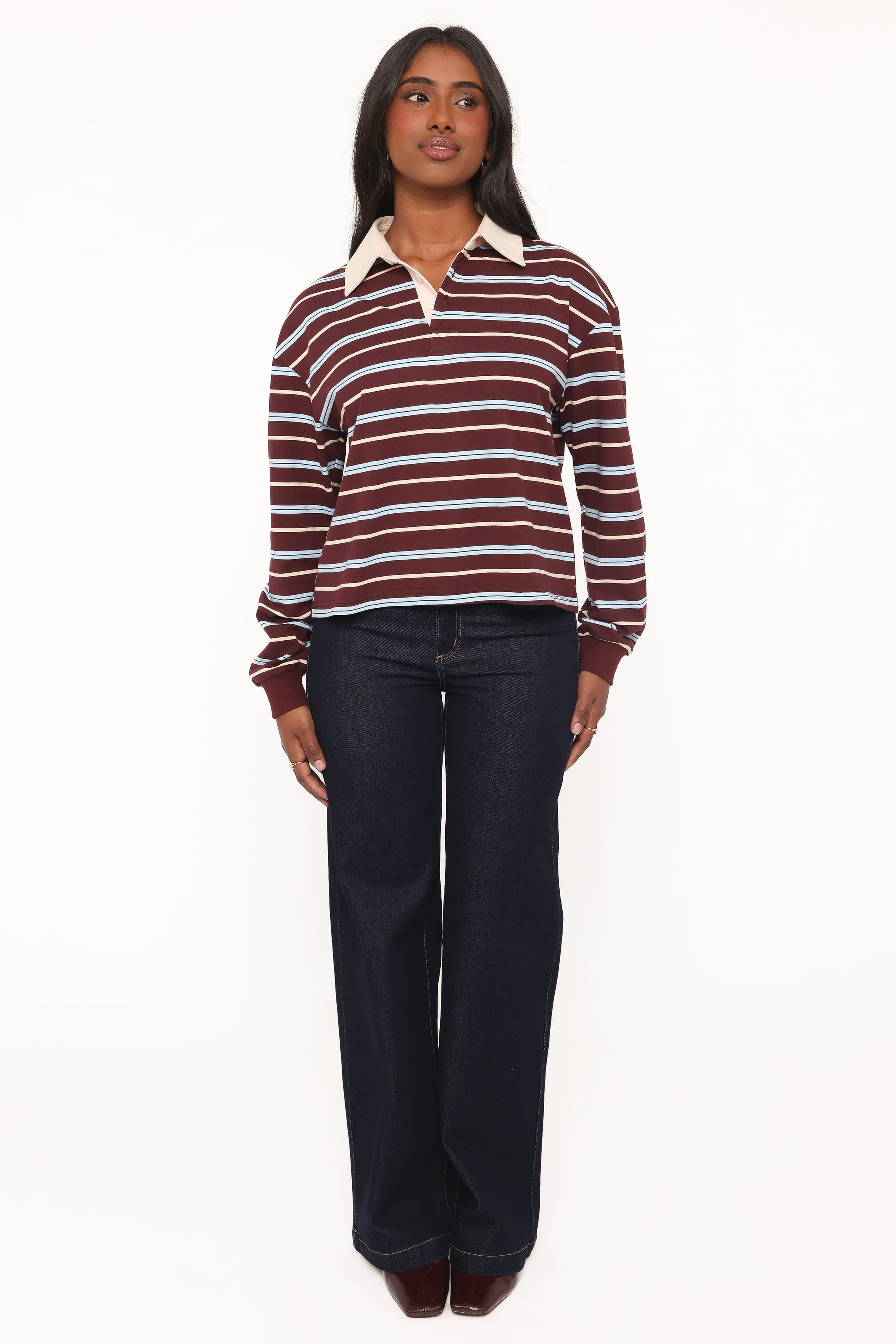 TOPS Yolande Polo Long Sleeve Top - Brown Stripe