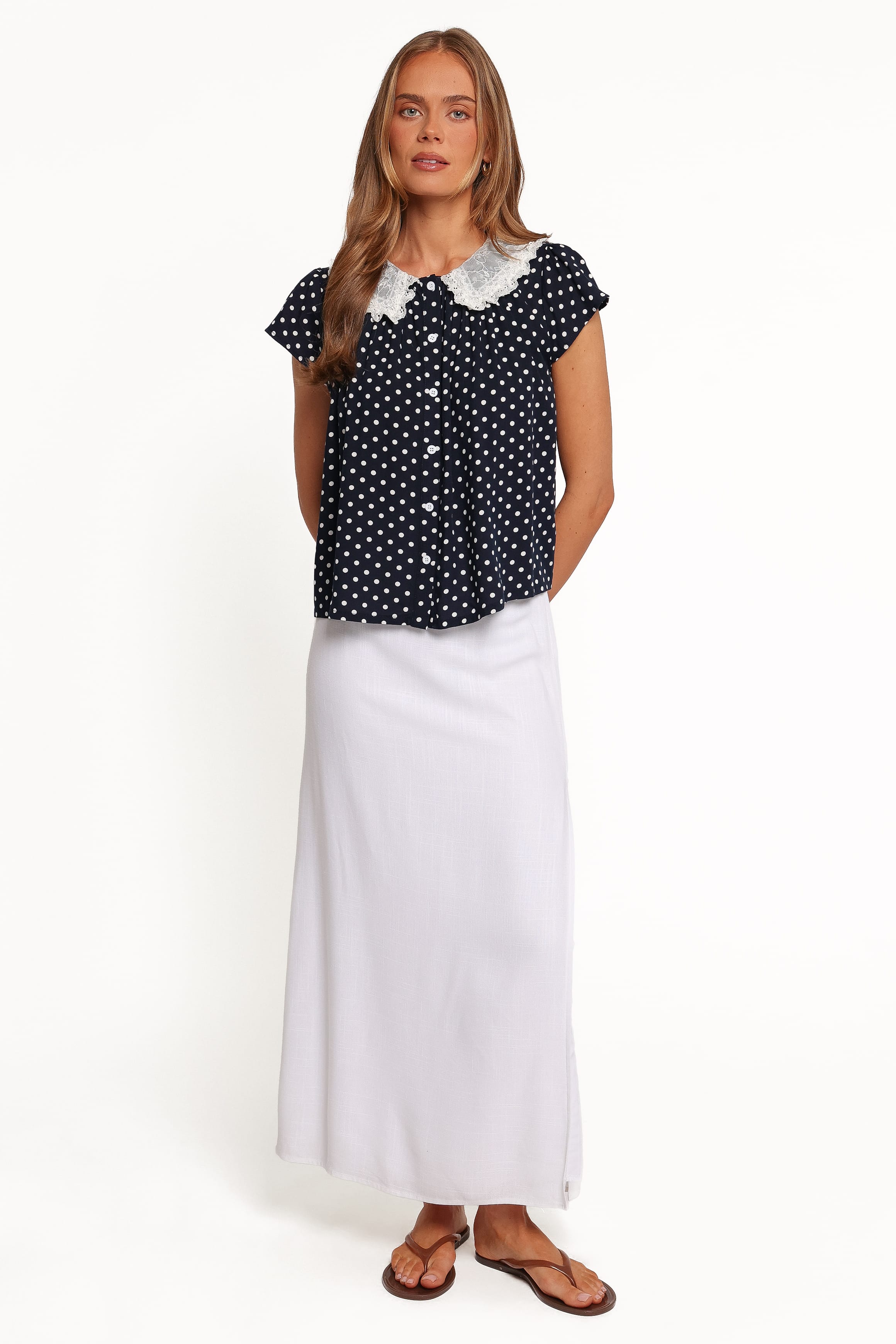TOPS Zonella Lace Collar Top - Navy Polka Dot