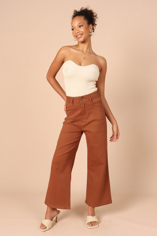 BOTTOMS Georgette High Waisted Straight Leg Pants - Brown