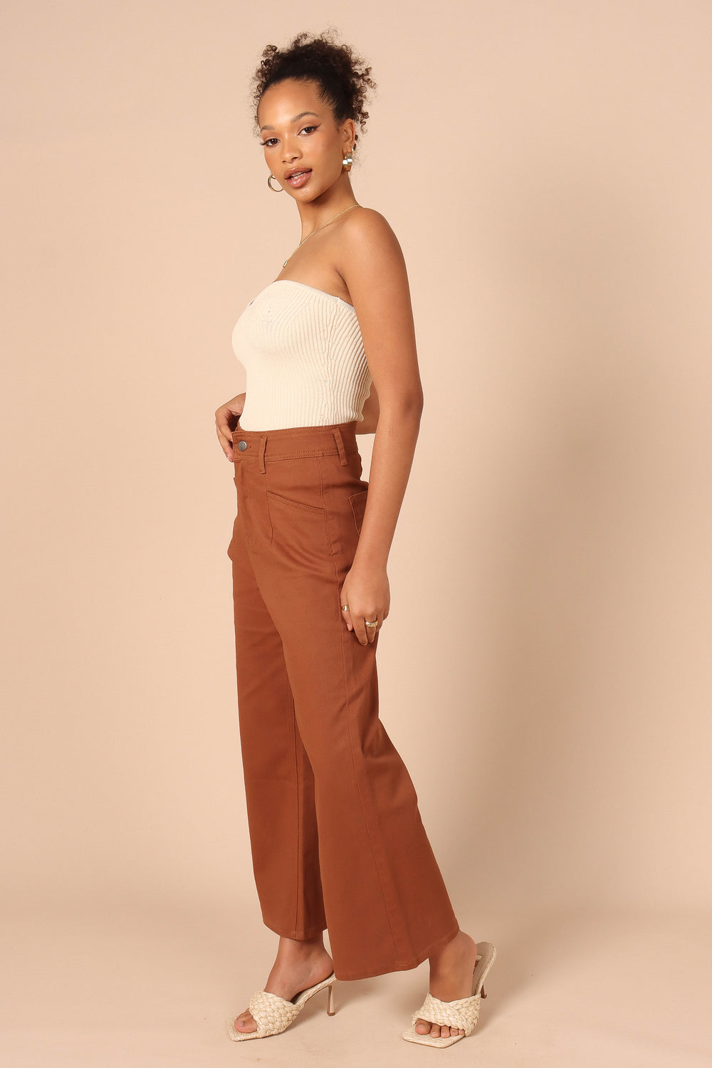 Women's Casual Wide Leg Solid Color Mid Rise Loose Fit Palazzo Pants (One  Size, Brown)