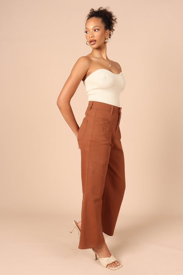 BOTTOMS Georgette High Waisted Straight Leg Pants - Brown