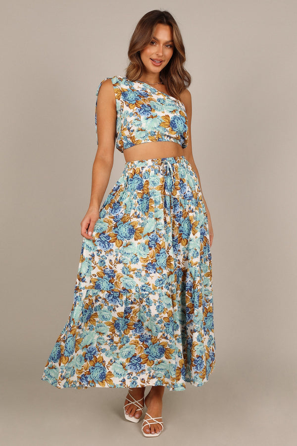 BOTTOMS @Jules High Waisted Maxi Skirt - Blue Floral (waiting on bulk)