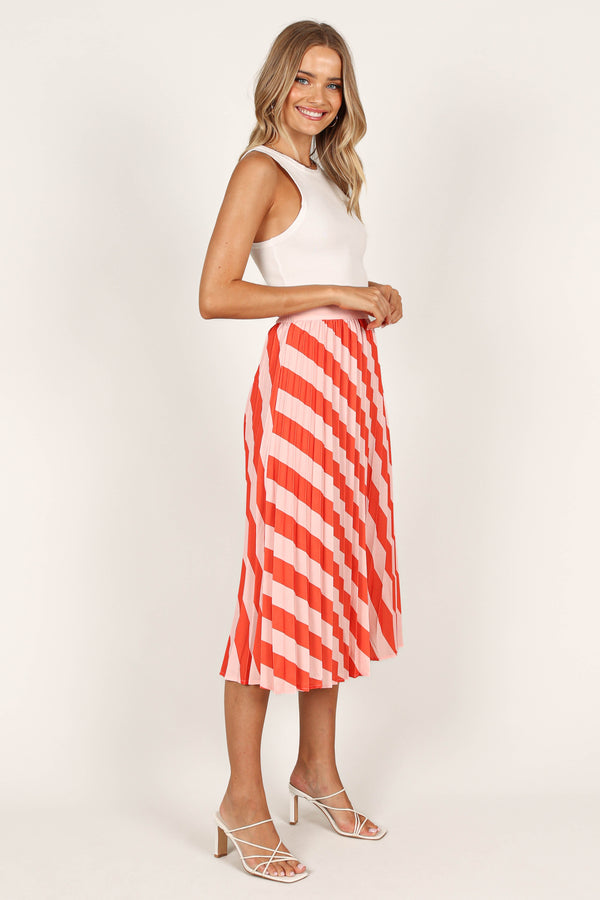 BOTTOMS @Kimberly Pleat Midi Skirt - Pink Stripe (waiting on bulk)