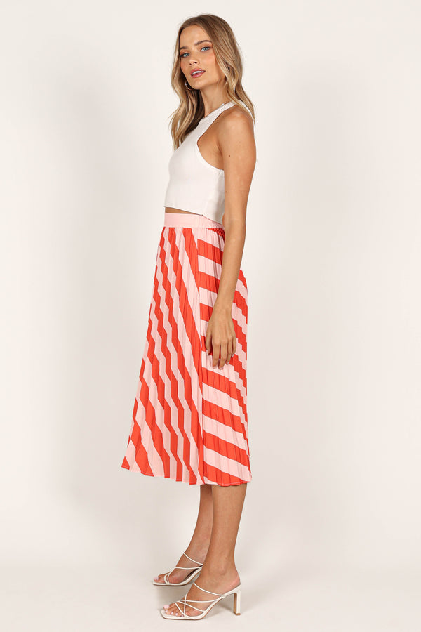 BOTTOMS @Kimberly Pleat Midi Skirt - Pink Stripe (waiting on bulk)