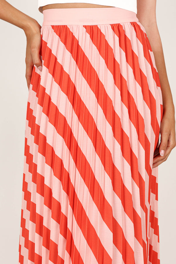 BOTTOMS @Kimberly Pleat Midi Skirt - Pink Stripe (waiting on bulk)