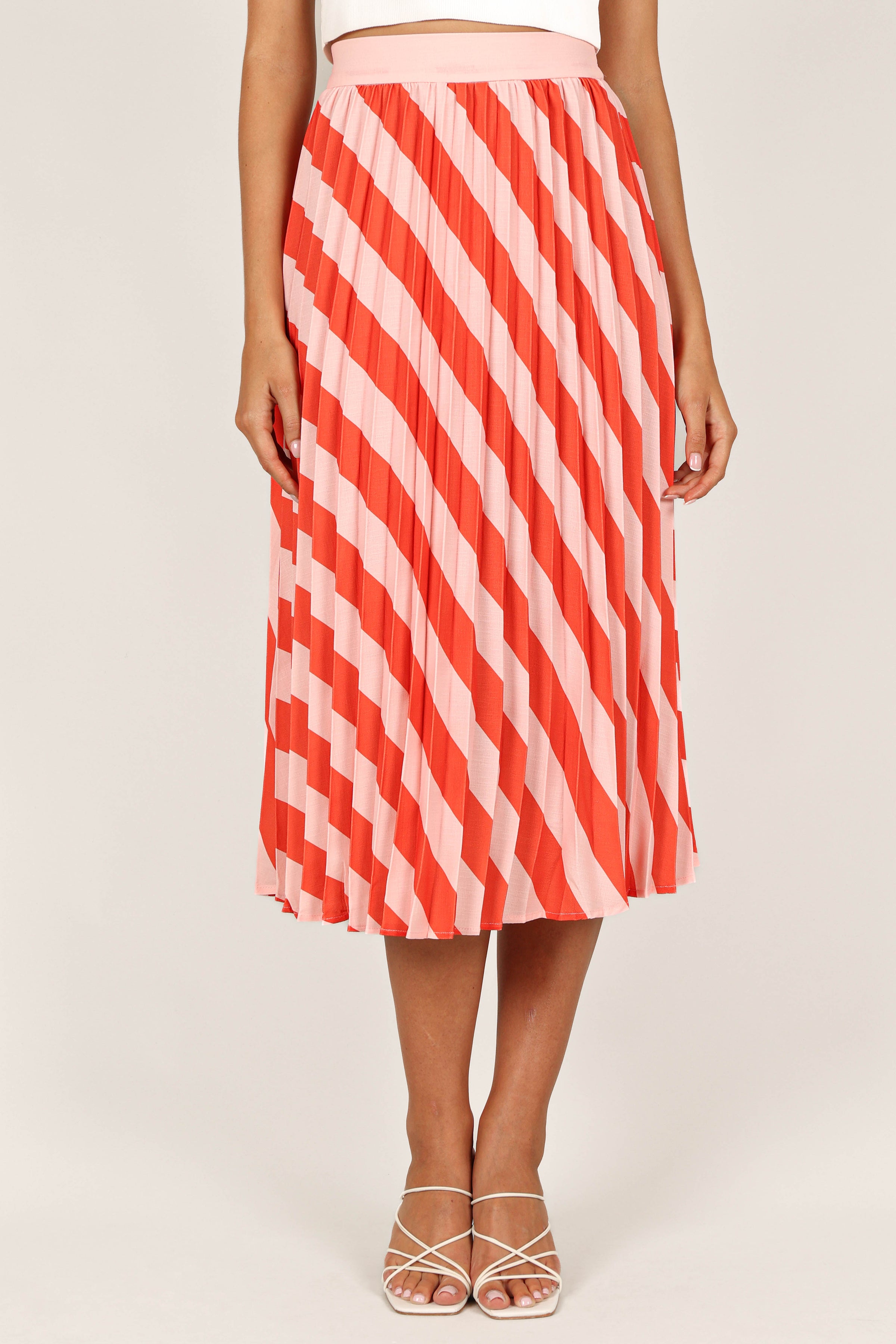 BOTTOMS @Kimberly Pleat Midi Skirt - Pink Stripe (waiting on bulk)