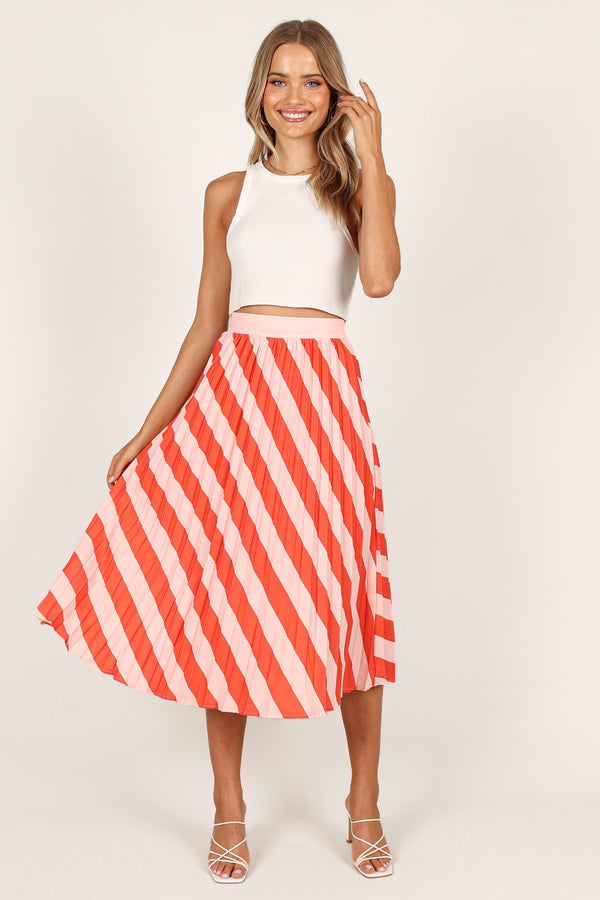 BOTTOMS @Kimberly Pleat Midi Skirt - Pink Stripe (waiting on bulk)