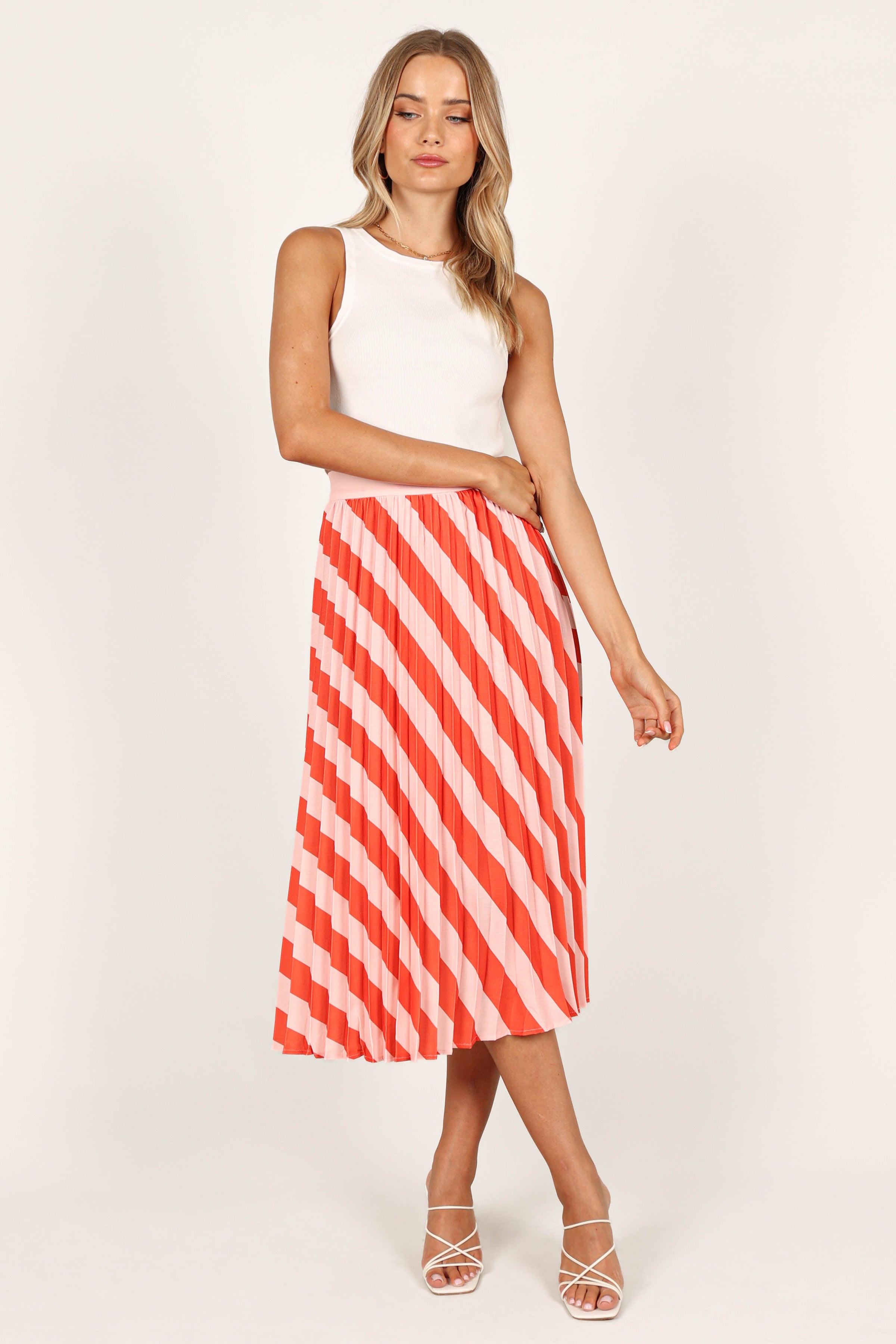 BOTTOMS @Kimberly Pleat Midi Skirt - Pink Stripe (waiting on bulk)