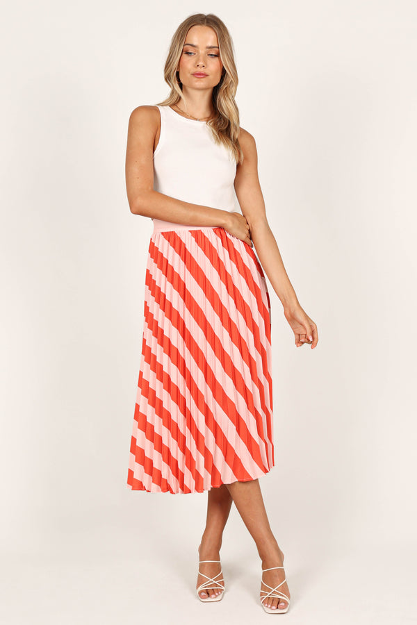 BOTTOMS @Kimberly Pleat Midi Skirt - Pink Stripe (waiting on bulk)