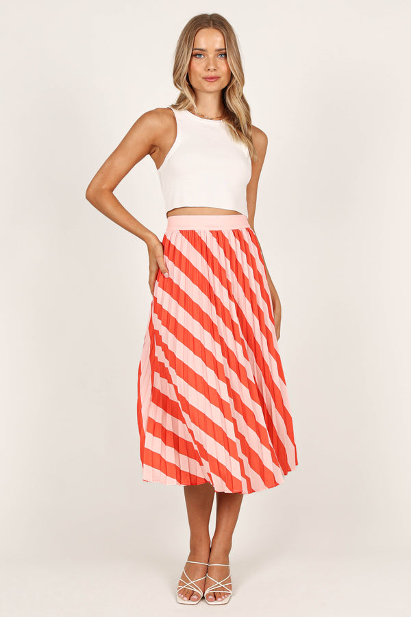 BOTTOMS @Kimberly Pleat Midi Skirt - Pink Stripe (waiting on bulk)