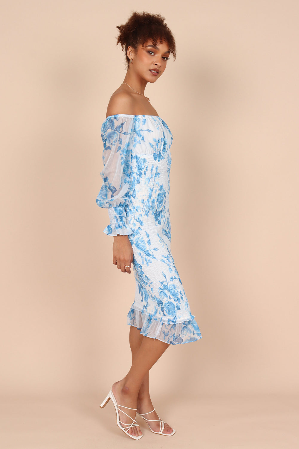 DRESSES @Affie Off Shoulder Midi Dress- Blue Floral
