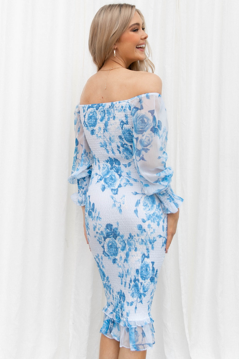 DRESSES Affie Off Shoulder Midi Dress- Blue Floral