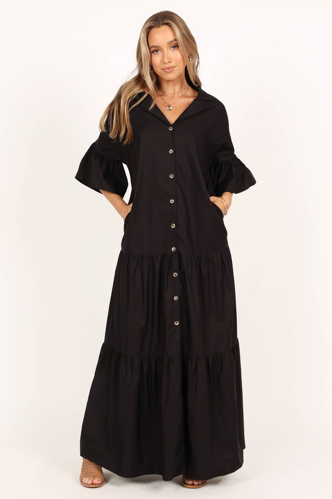 Aimee Button Front Maxi Dress - Black - Petal & Pup