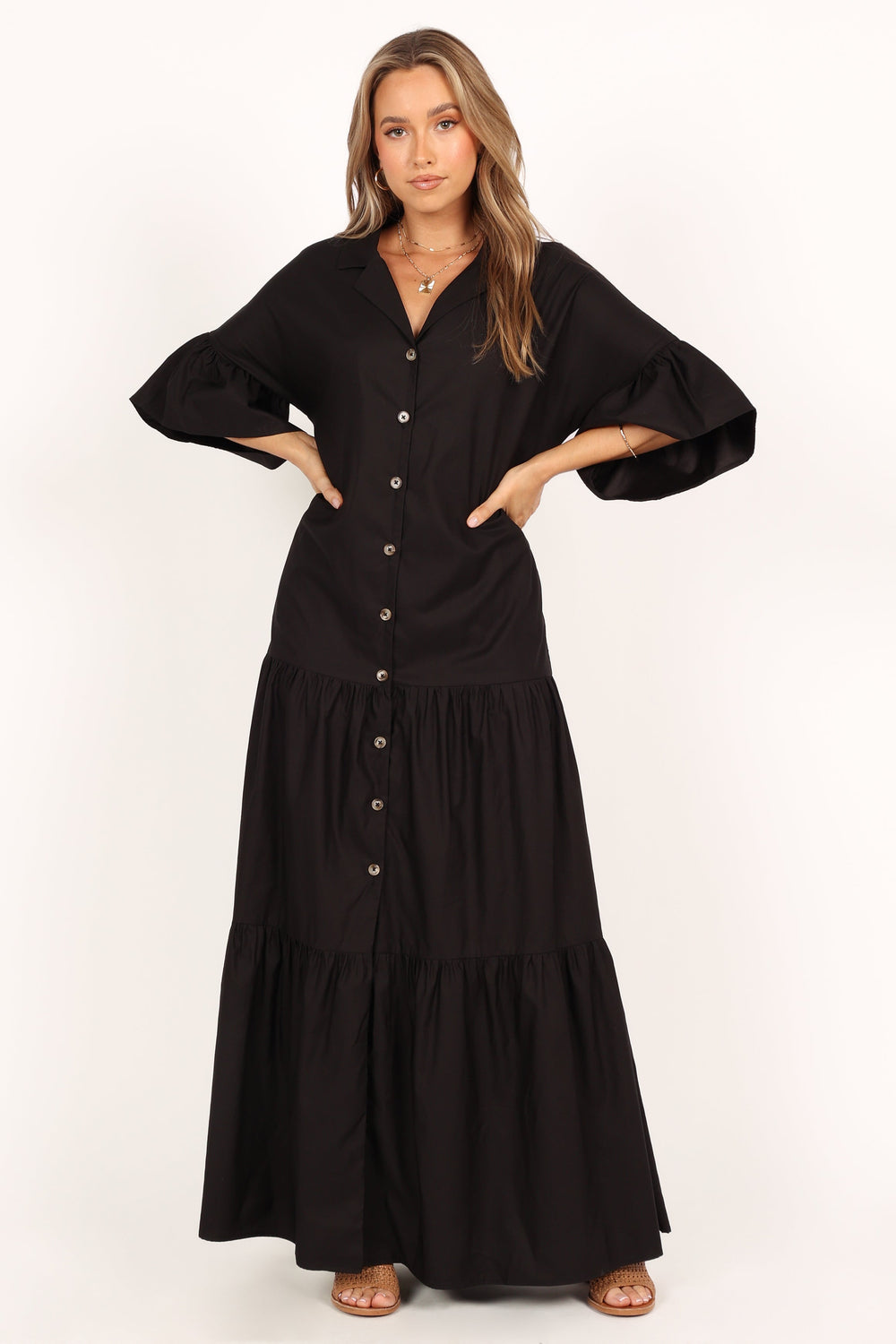 Aimee Button Front Maxi Dress - Black - Petal & Pup