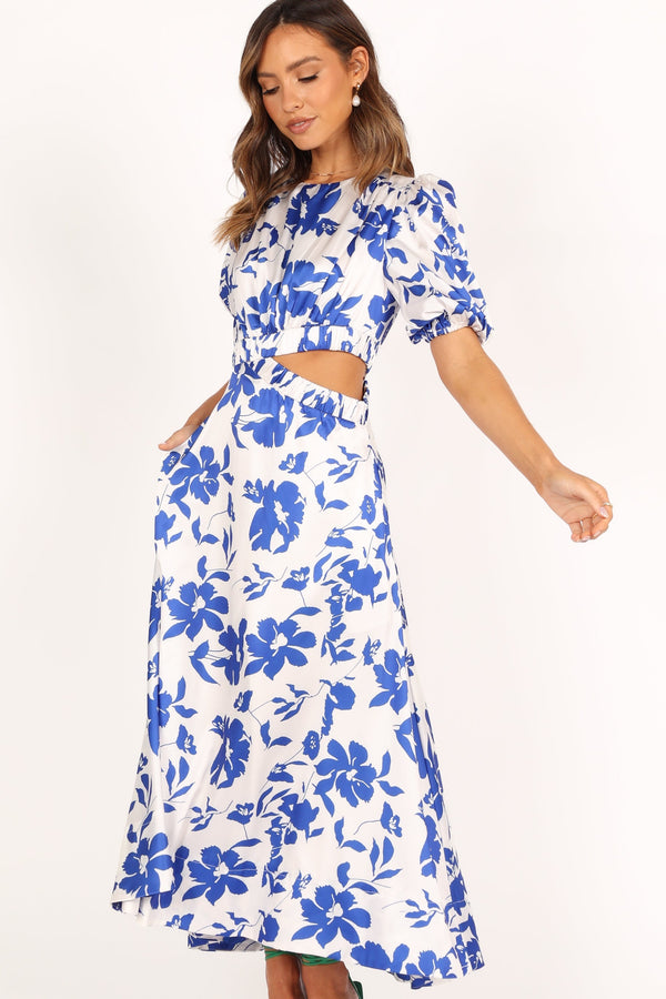 DRESSES @Aminah Puff Sleeve Dress - Blue Floral