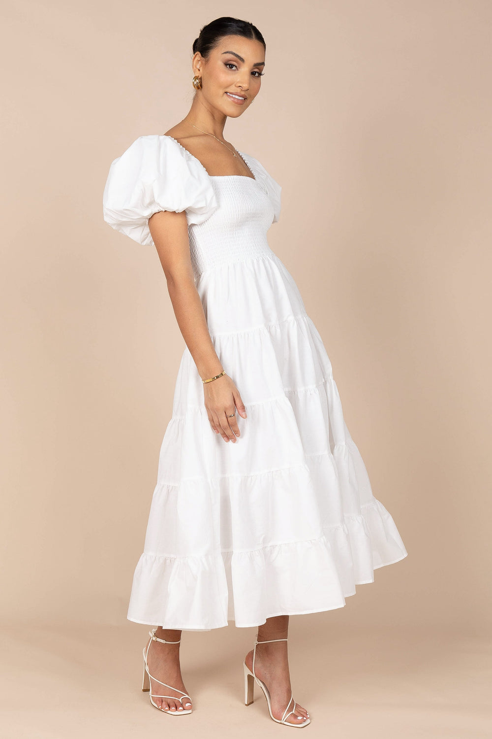 DRESSES @Annette Puff Sleeve Shirred Mini Dress - White (waiting on bulk)