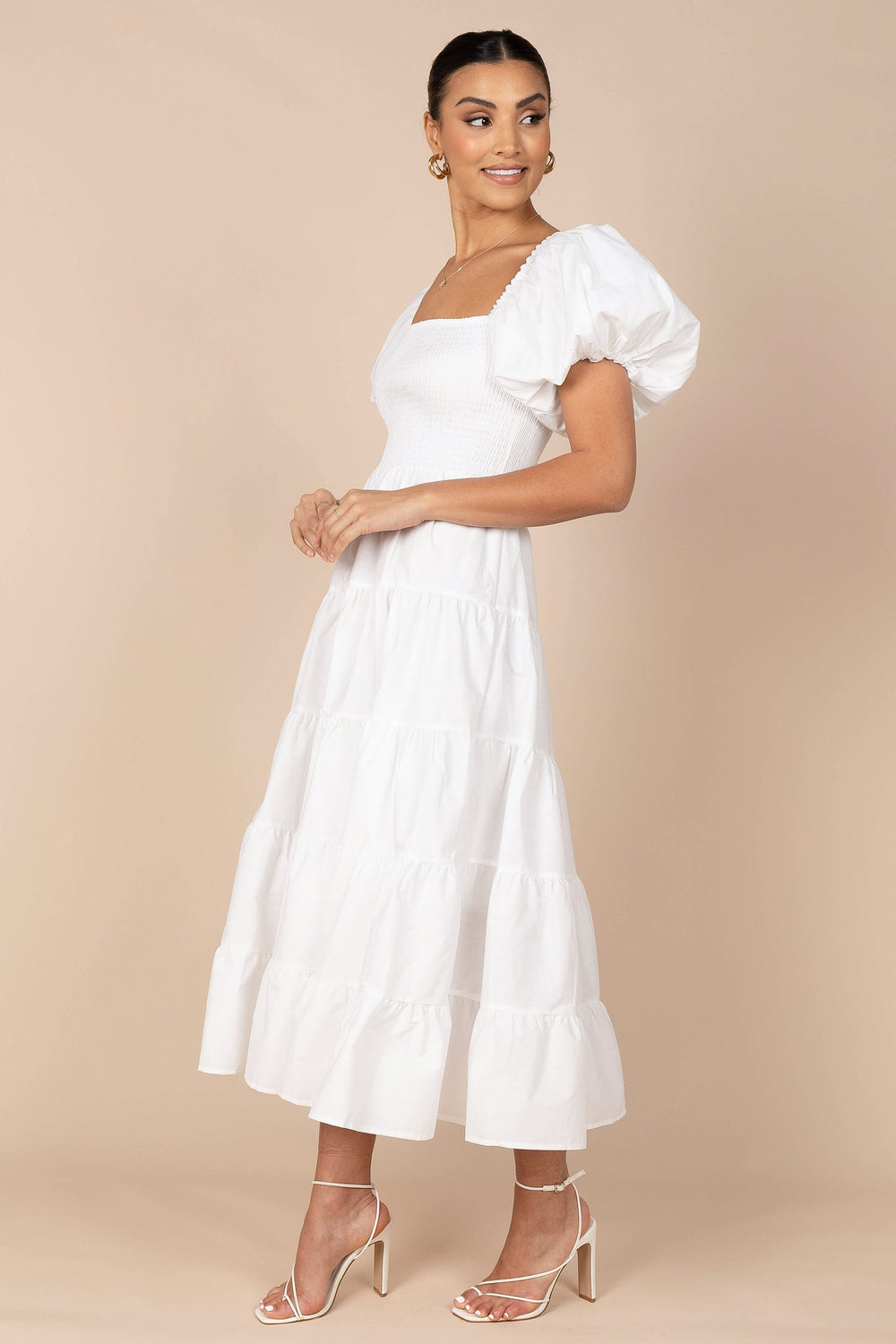 Annette Puff Sleeve Shirred Midi Dress - White - Petal & Pup