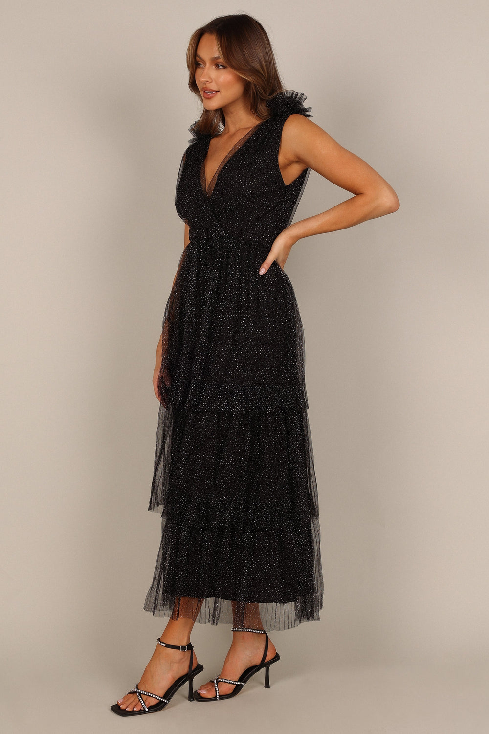 DRESSES @Asteria Tulle tiered Maxi Dress - Black Sparkle