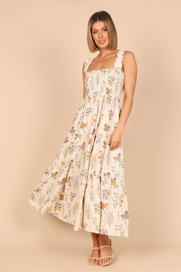 DRESSES @August Shirred Maxi Dress - Beige Floral (waiting on bulk)